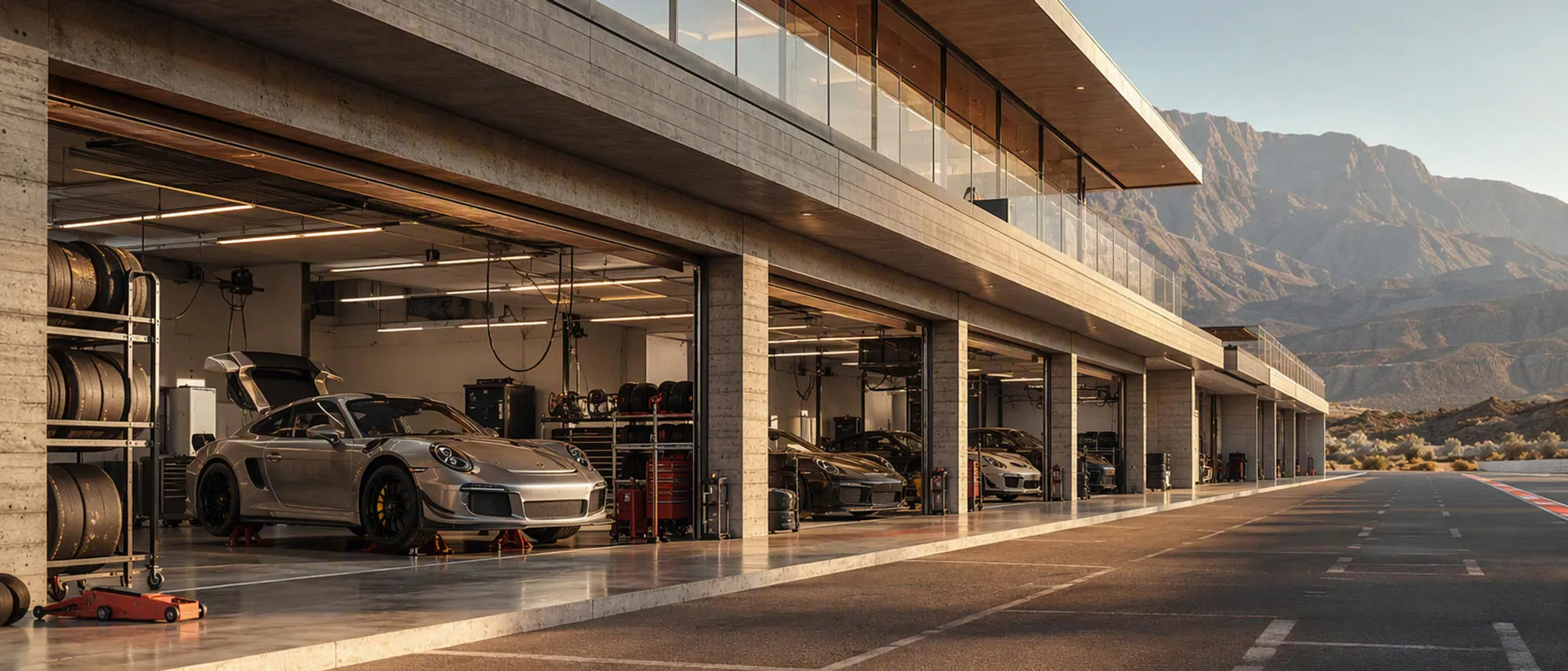 Open pit garages at a desert racing club at golden hour, a silver Porsche raised on stands in the near bay and mountains beyond